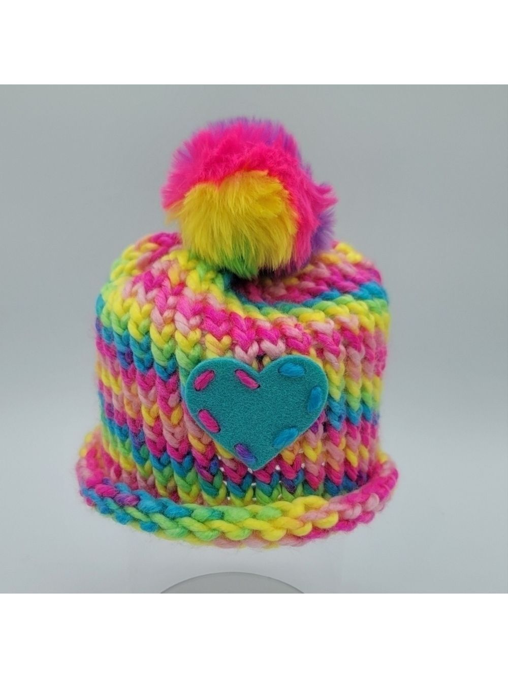 Knit Hat Rainbow Ombre Pom Pom Heart Child Size #1603